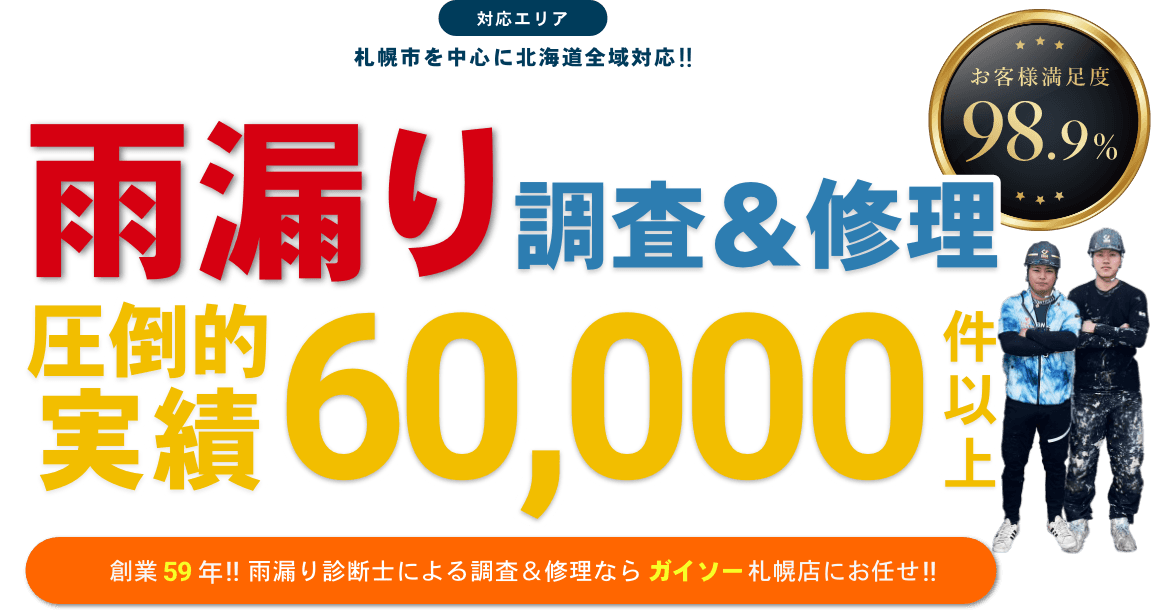 対応エリア札幌市を中心に北海道全域対応！雨漏り調査＆修理圧倒的実績60